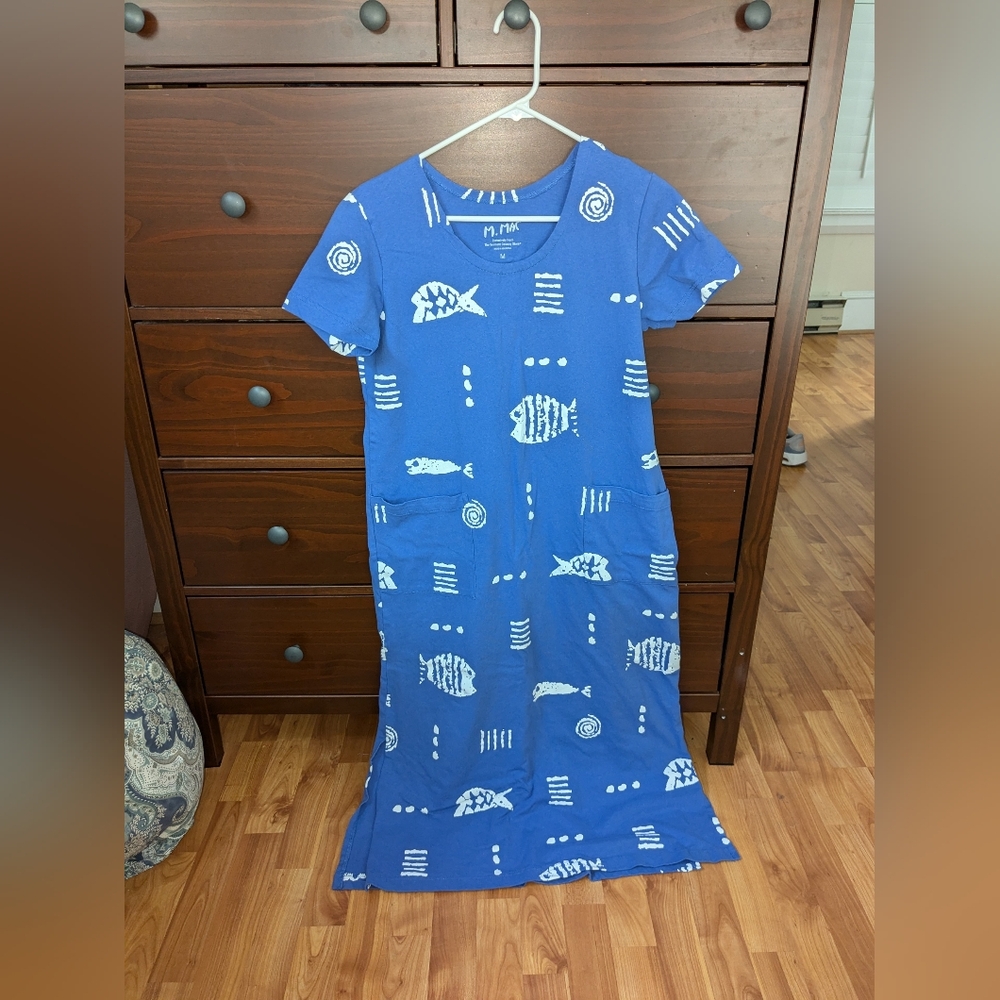 M Mac Vermont Store Dress Fish Print Art To Wear Cotton long sz M periwinkle